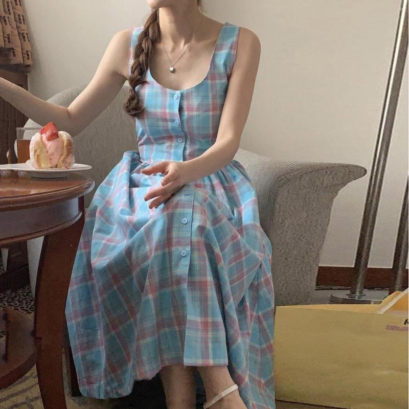 Casual Dresses Korean Chic Summer French Romantic U Collar Color Bump Plaid Lace-up Waist Slimming Sleeveless Vest Dress Female, Blue
Casual Dresses Korean Chic Summer French Romantic U Collar Color Bump Plaid Lace-up Waist Slimming Sleeveless Vest Dress Female, Blue