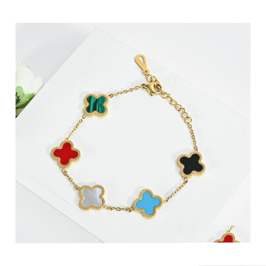 Charm Bracelets Fashion Design Rainbow Flower Clover Bracelet Gold Plated Titanium Steel Jewelry For Women Gift Drop Dh5Fv
Charm Bracelets Fashion Design Rainbow Flower Clover Bracelet Gold Plated Titanium Steel Jewelry For Women Gift Drop Dh5Fv