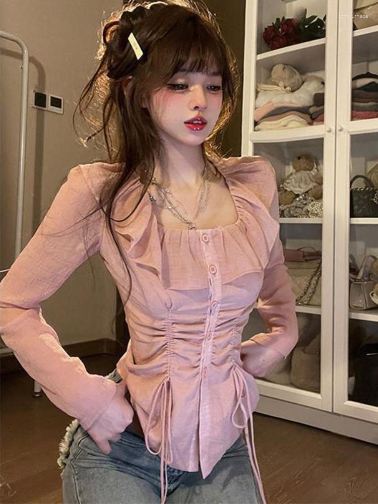 Women' Blouses Y2k Aesthetic Sweet Ruffled Square Collar Women Blouse Long Sleeve Pleated Slim Waist Tunic Fairy Blusas Solid Drawstring, Pink
Women' Blouses Y2k Aesthetic Sweet Ruffled Square Collar Women Blouse Long Sleeve Pleated Slim Waist Tunic Fairy Blusas Solid Drawstring, Pink