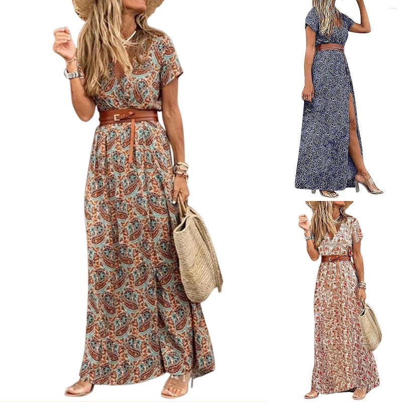 Casual Dresses Women Maxi Dress Printing Bohemian Summer Ladies Fashion V Neck Short Sleeve Split Belt Vacation Loose Beach