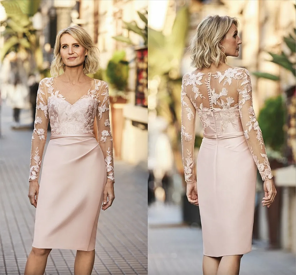 Elegant Pink Satin Mother Of The Bride Dresses For Women Illusion Long Sleeves V Neck Short Prom Party Gowns Knee Length Appliqued Lace Sheath Mother&