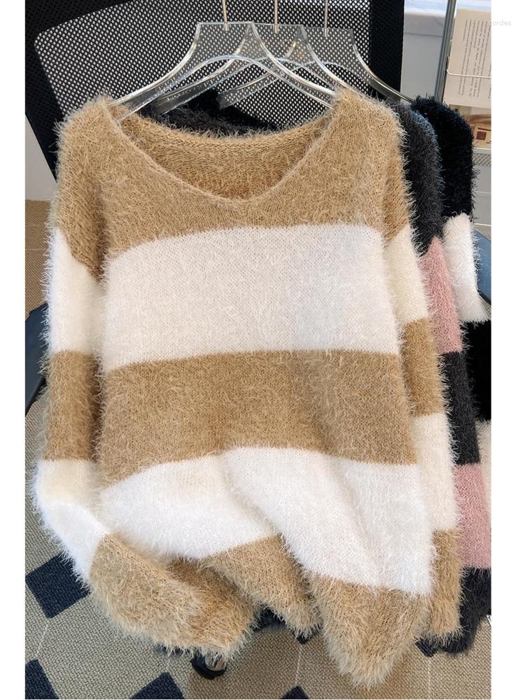 Women's Sweaters Imitation Mink Cashmere Wide Stripe Pullover Women Autumn Winter V-neck Loose Soft Jumpers Female Luxury Knitted Tops, Black
Women's Sweaters Imitation Mink Cashmere Wide Stripe Pullover Women Autumn Winter V-neck Loose Soft Jumpers Female Luxury Knitted Tops, Black