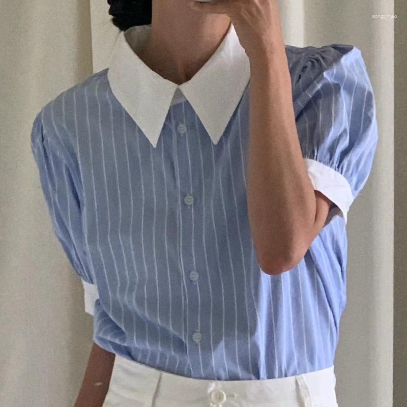 Women's Blouses Korean Fashion Shirt Summer Age Reducing Design Sense Contrast Color Polo Neck Loose Bubble Sleeve Striped, Blue
Women's Blouses Korean Fashion Shirt Summer Age Reducing Design Sense Contrast Color Polo Neck Loose Bubble Sleeve Striped, Blue