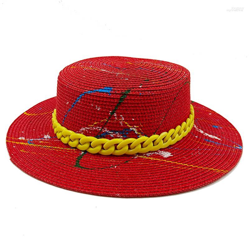 Berets Color Chain Spray Paint Straw Hat Men's And Women's Hats Elegant Ladies' Flat Top Bump Summer Travel Beach Sun 2023
Berets Color Chain Spray Paint Straw Hat Men's And Women's Hats Elegant Ladies' Flat Top Bump Summer Travel Beach Sun 2023