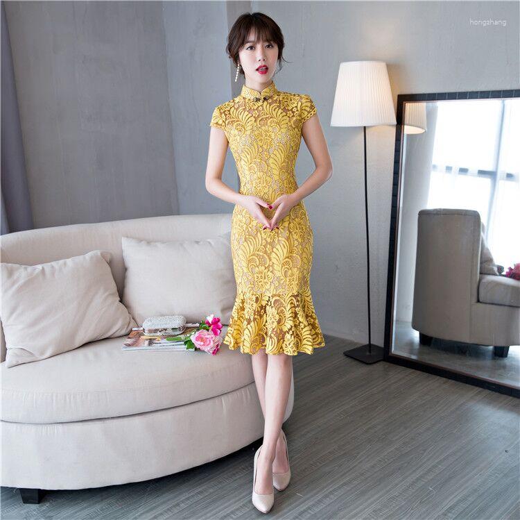 Ethnic Clothing Short Style Fashion Yellow Women's Mini Cheongsam Arrival Chinese Lace Qipao Dress Vestido Size S M L XL XXL XXXL 27533A
Ethnic Clothing Short Style Fashion Yellow Women's Mini Cheongsam Arrival Chinese Lace Qipao Dress Vestido Size S M L XL XXL XXXL 27533A