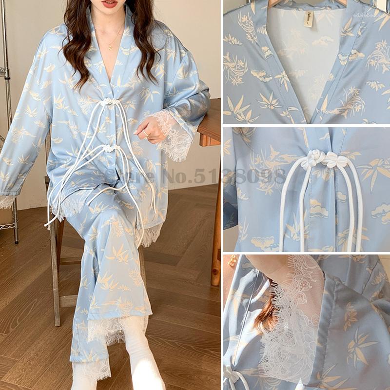 Women's Sleepwear Chinese Style Printed Lace-Up Disk Buckle Pajamas Suit Long-Sleeved Trousers Lace Edge 2PCS Loose Casual Women's Home, Blue
Women's Sleepwear Chinese Style Printed Lace-Up Disk Buckle Pajamas Suit Long-Sleeved Trousers Lace Edge 2PCS Loose Casual Women's Home, Blue