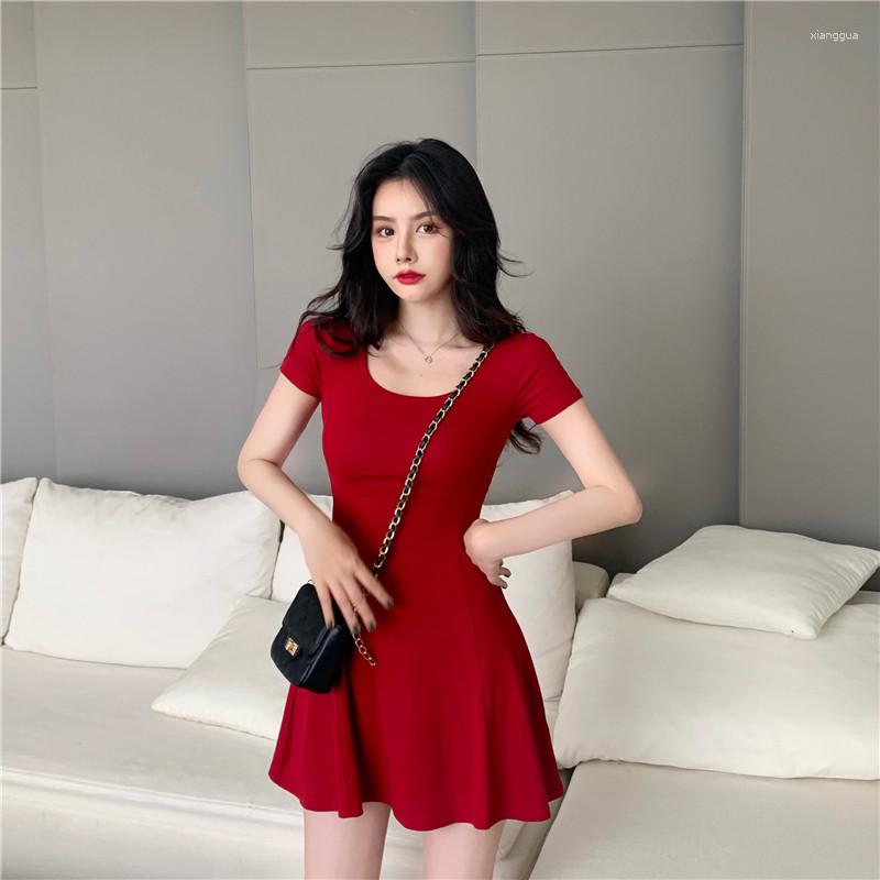 Party Dresses Women Summer O Neck Short Sleeve Dress Solid Korean Thin Slim A Line Retro Red Black Pink Mini Vestidos
Party Dresses Women Summer O Neck Short Sleeve Dress Solid Korean Thin Slim A Line Retro Red Black Pink Mini Vestidos