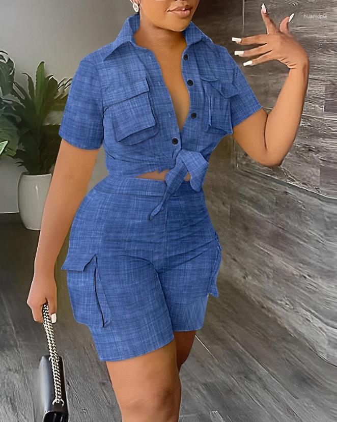 Women' Tracksuits Casual Tow Piece Set For Women Summer 2023 Plain Pocket Design Buttoned Short Sleeve Crop Top & High Waist Shorts
Women' Tracksuits Casual Tow Piece Set For Women Summer 2023 Plain Pocket Design Buttoned Short Sleeve Crop Top & High Waist Shorts