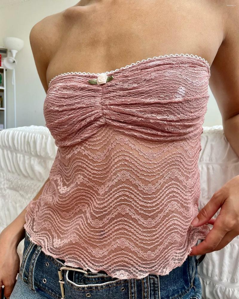 

Women' Tanks Gaono Fairy Grunge Lace Trim Strapless Tube Top Women Sheer Mesh Bandeau 2000s Going Out Tees Y2k Clothing Sweet Streetwear, Pink