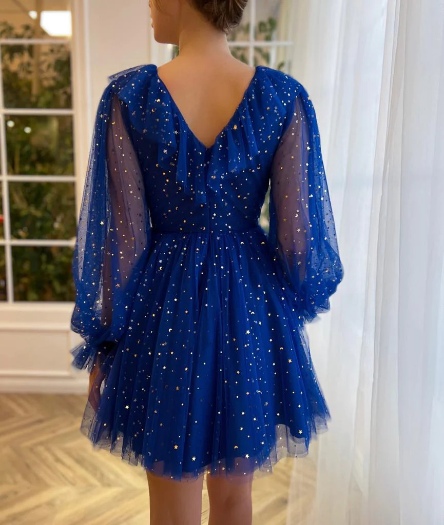 Sweet Royal Blue Short Dresses Sequins V Neck Long Sleeves Mini Tail Homecoming Dress A Line 0516