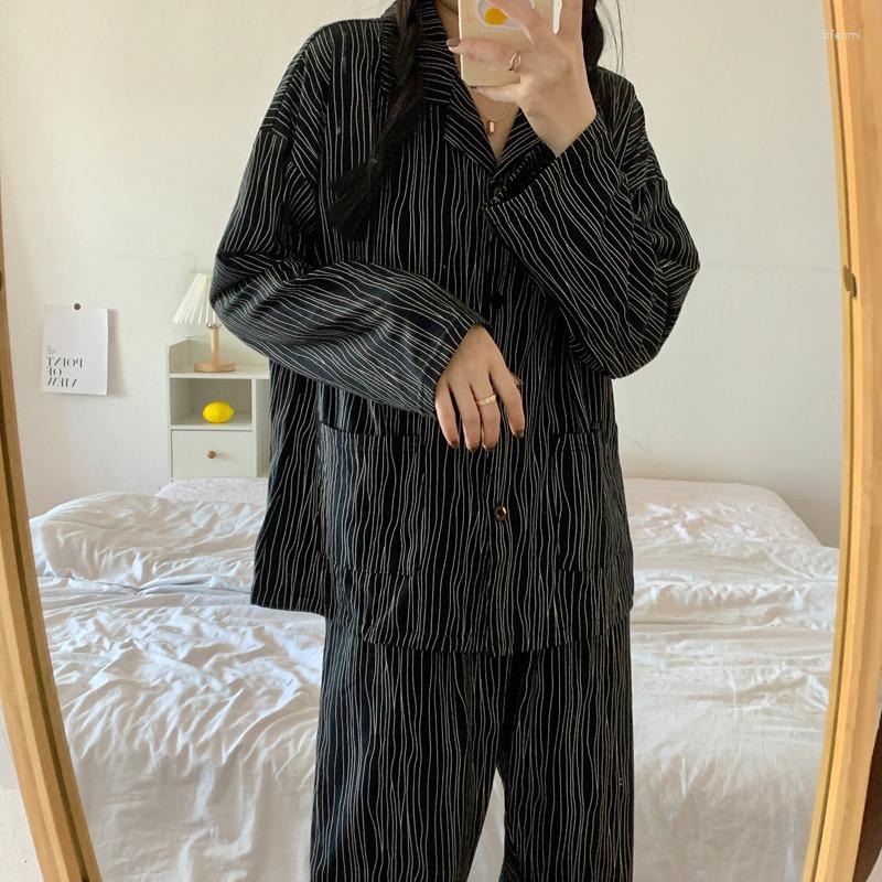 Women's Sleepwear Black Striped Autumn Pajamas Set Women Korean Single Breasted Shirts Trousers Two Piece Home Suit Casual Homewear
Women's Sleepwear Black Striped Autumn Pajamas Set Women Korean Single Breasted Shirts Trousers Two Piece Home Suit Casual Homewear