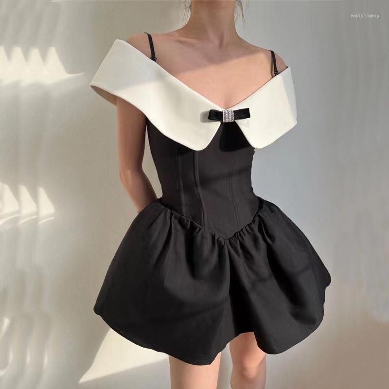 Casual Dresses Shoulder Bow Tie Waist Contrast Color Dress For Women's Summer 2023 Diamonds Bouffant