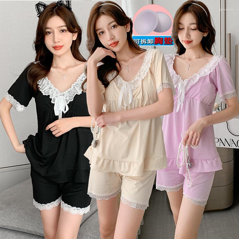 Women's Sleepwear 2023 Summer Short Sleeve Sexy Lace V-neck Shorts Pajama Sets For Women Suit Pyjamas Homewear Pijama Mujer Home Clothes, Black 
Women's Sleepwear 2023 Summer Short Sleeve Sexy Lace V-neck Shorts Pajama Sets For Women Suit Pyjamas Homewear Pijama Mujer Home Clothes, Black
