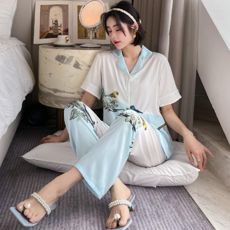Women's Sleepwear Summer 2PCS Pajamas Set Women Turn-down Collar Chinese Style Print Nightwear Short Sleeve Pant Faux Silk Homewear, Blue
Women's Sleepwear Summer 2PCS Pajamas Set Women Turn-down Collar Chinese Style Print Nightwear Short Sleeve Pant Faux Silk Homewear, Blue