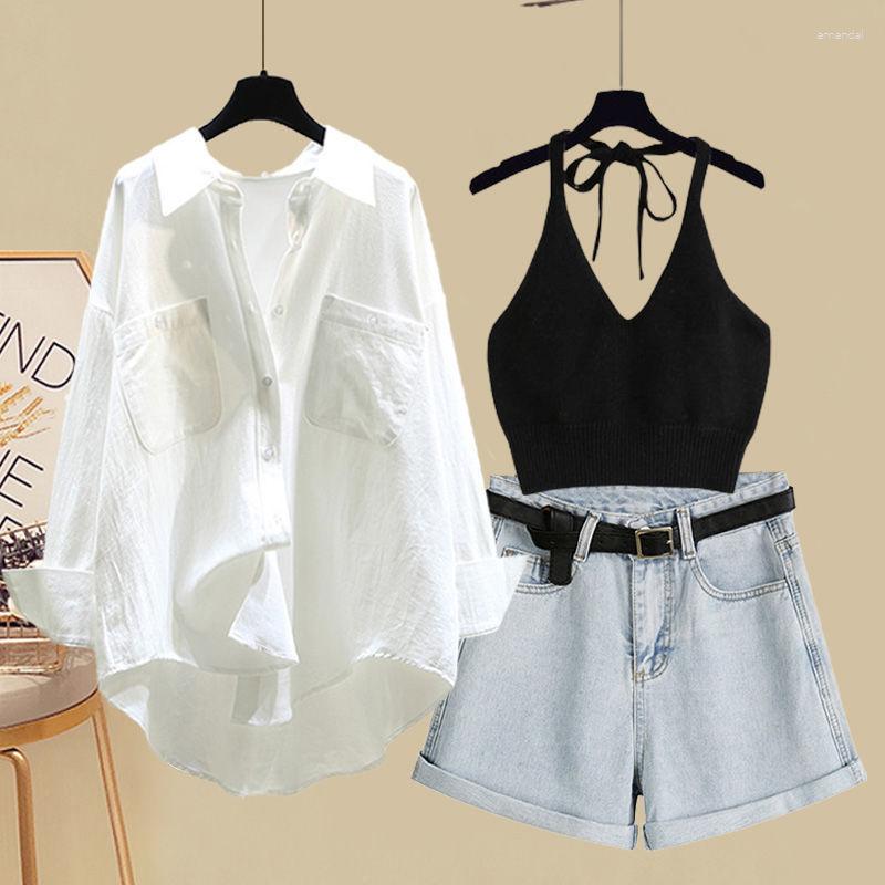 Women's Tracksuits Women's Summer Fashion Clothing Set White Sun Protection Shirt Vest Denim Shorts Outfits Lady Casual Short Jeans, 3pcs set no belt
Women's Tracksuits Women's Summer Fashion Clothing Set White Sun Protection Shirt Vest Denim Shorts Outfits Lady Casual Short Jeans, 3pcs set no belt