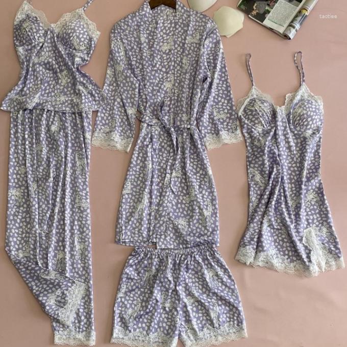Women's Sleepwear Printed Spring Nightgown Lace Trim Pajamas Suit Female Loose Casual 5PCS Sleep Set Sexy Lounge V-Neck Kimono Robe Gown, Navy blue 5pcs set b
Women's Sleepwear Printed Spring Nightgown Lace Trim Pajamas Suit Female Loose Casual 5PCS Sleep Set Sexy Lounge V-Neck Kimono Robe Gown, Navy blue 5pcs set b