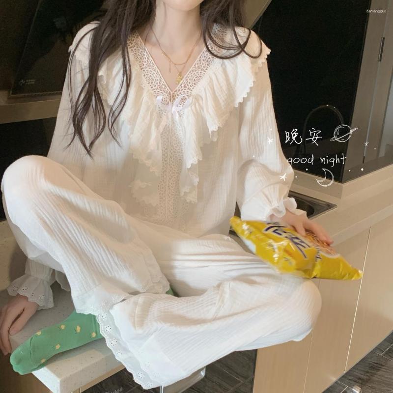 Women's Sleepwear Autumn Winter Women Pajama Set Cotton Vintage Princess Sexy White Ruffles Homewear Loose Pijamas Suit Gauze Soft L665
Women's Sleepwear Autumn Winter Women Pajama Set Cotton Vintage Princess Sexy White Ruffles Homewear Loose Pijamas Suit Gauze Soft L665