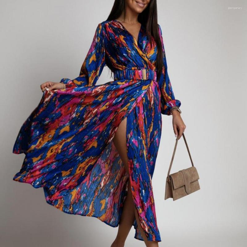 Casual Dresses Beach Dress Belt Holiday Colorful Print Split Hem, Blue 
Casual Dresses Beach Dress Belt Holiday Colorful Print Split Hem, Blue