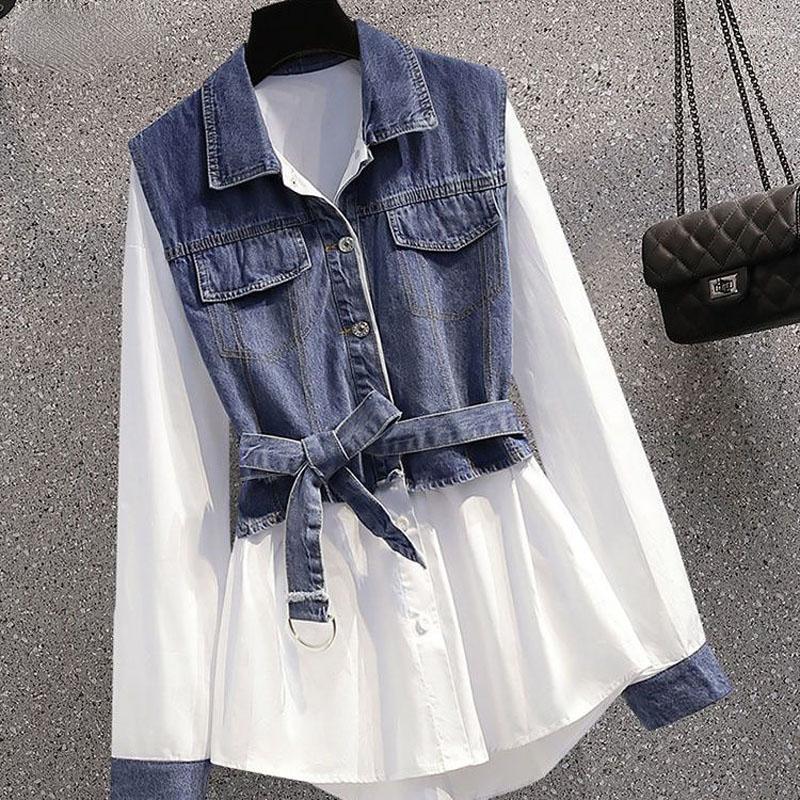 Women's Blouses High Quality Denim Spliced Cotton Linen Single Breasted Women Shirt Mid-length Turn-down Collar Lace-up Bow Autumn Winter, Navy blue
Women's Blouses High Quality Denim Spliced Cotton Linen Single Breasted Women Shirt Mid-length Turn-down Collar Lace-up Bow Autumn Winter, Navy blue
