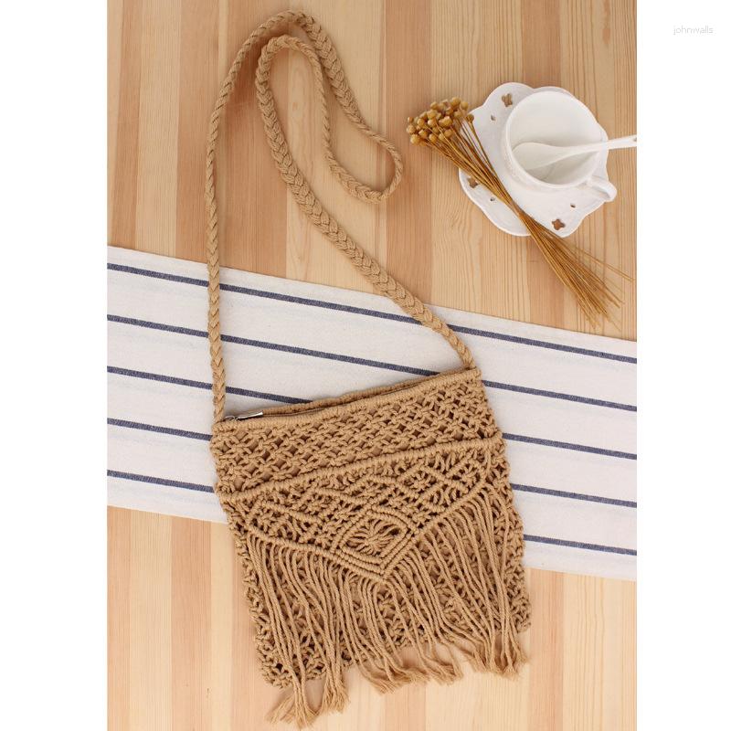 

Evening Bags Bohemian Style Crochet Woven Beach Bag For Women Casual Cotton Cord Weaving Flap Long Strap Crossbody Tassel Mini Shoulder, Army green