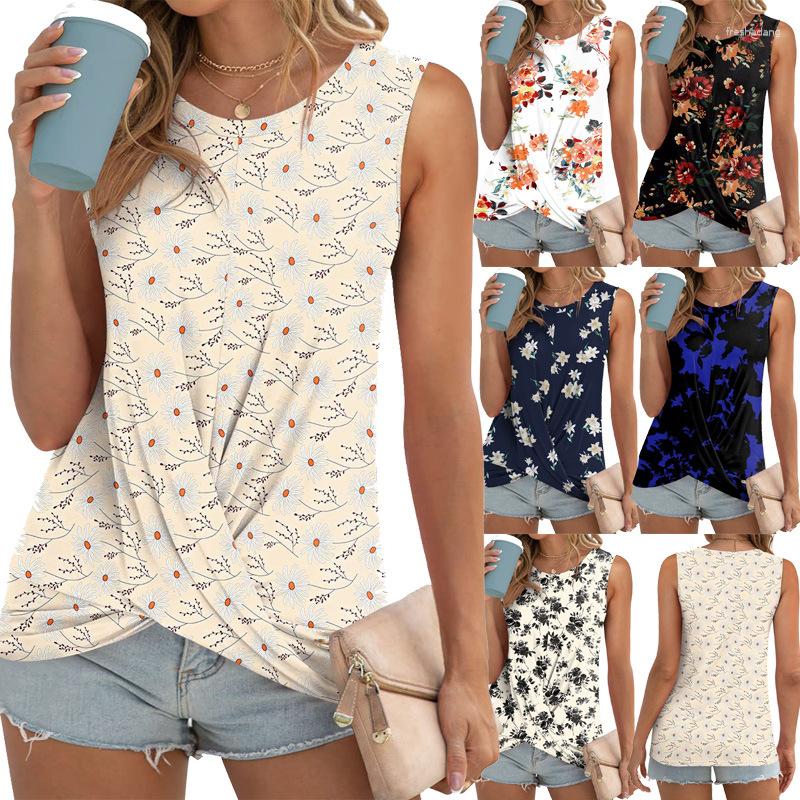 

Women' Tanks Women O-Neck Sleeveless Floral Print Slim Vests Summer Female Twsit Knot Tee Tops YSY-3090, Random color