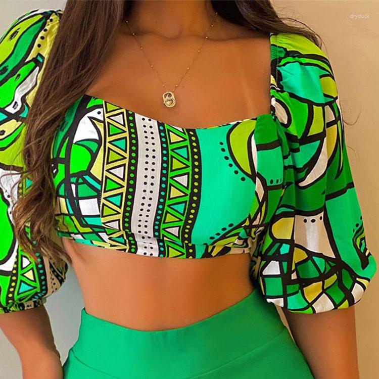 Women' Tracksuits 2023 Printed Casual Street Style Women Suit Half Sleeve Square Neck Short Top Elastic Pants Lady Two Piece Sets, Green 
Women' Tracksuits 2023 Printed Casual Street Style Women Suit Half Sleeve Square Neck Short Top Elastic Pants Lady Two Piece Sets, Green