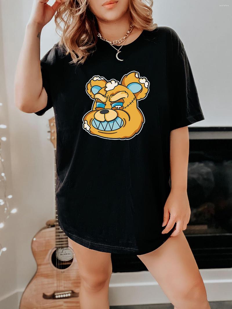 Shirt Plus Size Cartoon Bear Print Round Neck Pullover T-shirt Women's Casual Slight Stretch, Black