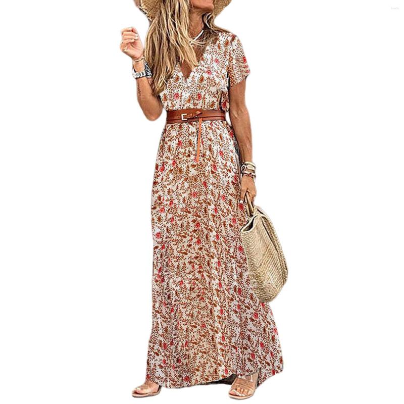 Casual Dresses Women Maxi Dress Printing Bohemian Summer Ladies Fashion V Neck Short Sleeve Split Belt Vacation Loose Beach