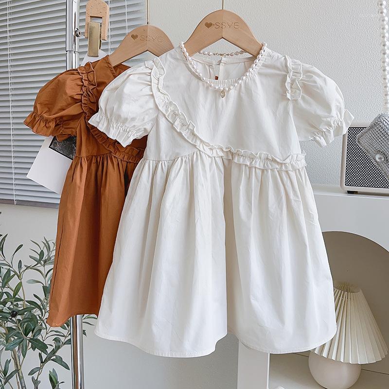 

Girl Dresses 2023 Summer Arrival Girls Short Puff Sleeve O Neck Ruffles Brown Roupa Infantil Menina Cute Party Dress Custume 18M-7T, Beige