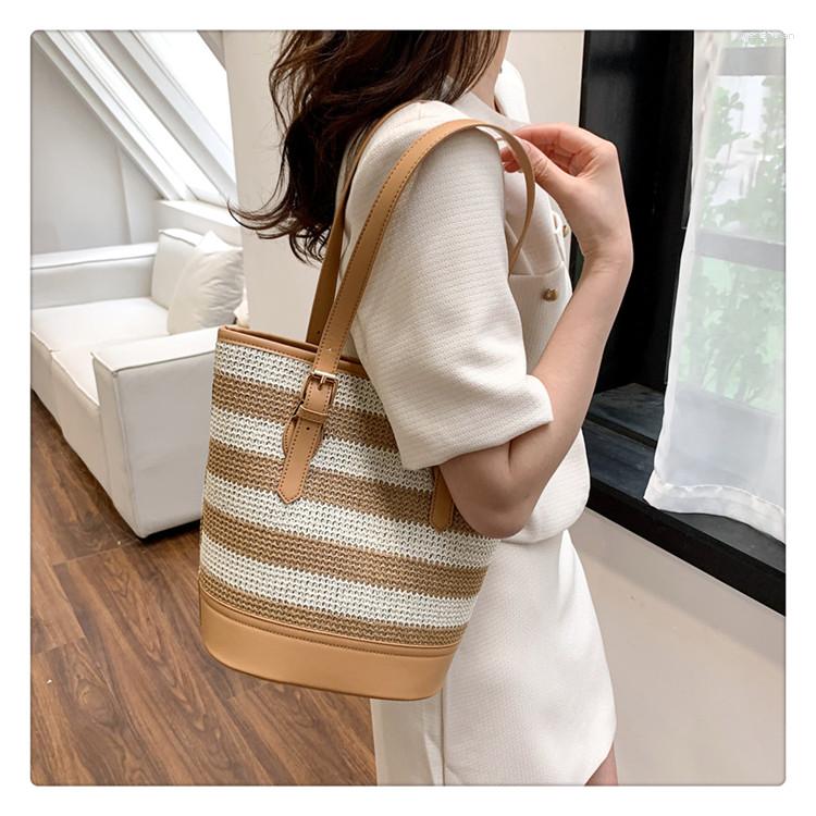 Evening Bags Summer Straw Weave Bucket Shoulder Bag For Women PU Leather Stitching Tote Contrast Color Stripe Design Ladies Shopping, Black
Evening Bags Summer Straw Weave Bucket Shoulder Bag For Women PU Leather Stitching Tote Contrast Color Stripe Design Ladies Shopping, Black