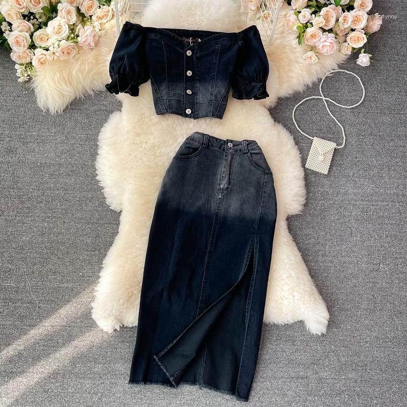 Work Dresses Women' Denim Two-Piece Set Medium-Length High Waist Split A-line Skirt Slim Off Shoulder Short Top Spring Summer Suit, Black grey
Work Dresses Women' Denim Two-Piece Set Medium-Length High Waist Split A-line Skirt Slim Off Shoulder Short Top Spring Summer Suit, Black grey