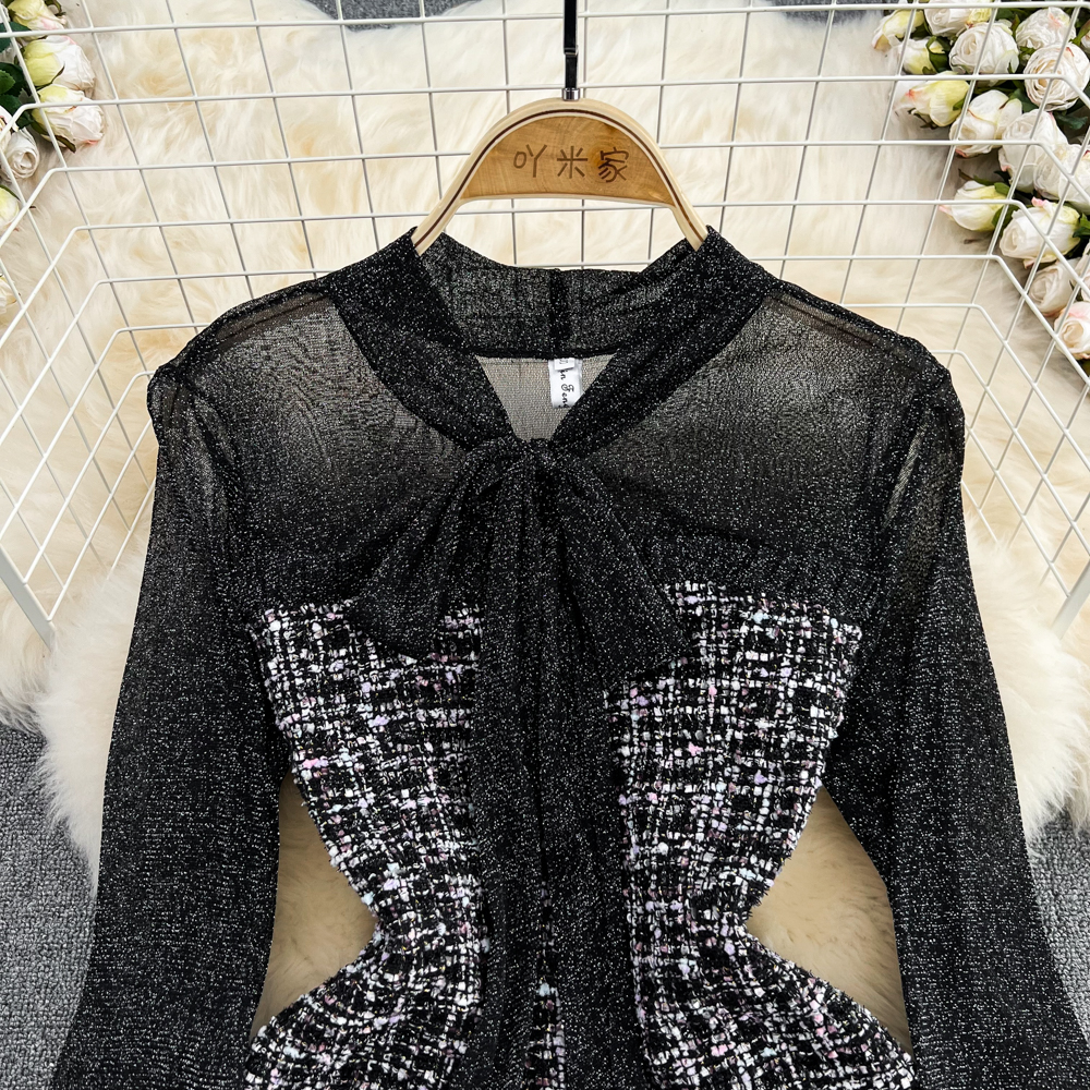 Lanjia- Casual Dresses Elegant Lady Small Fragrance Temperament Ribbon Bow Collar Soft Ruffle Patchwork Tweed Plaid Woolen Buttons Autumn Mini Dress 2