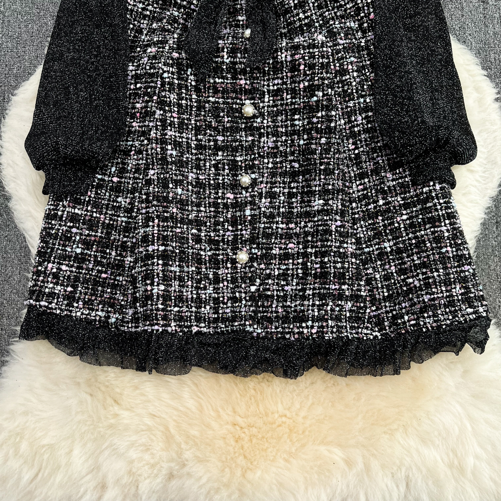 Lanjia- Casual Dresses Elegant Lady Small Fragrance Temperament Ribbon Bow Collar Soft Ruffle Patchwork Tweed Plaid Woolen Buttons Autumn Mini Dress 2