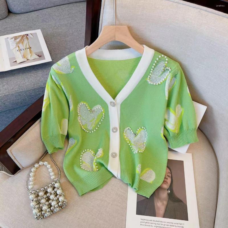 Women' Knits V-neck Cardigan Beading Diamonds Outerwear Summer Solid Color Short Sleeve Single-breasted Sweater Y2k Clothes Women, Top
Women' Knits V-neck Cardigan Beading Diamonds Outerwear Summer Solid Color Short Sleeve Single-breasted Sweater Y2k Clothes Women, Top