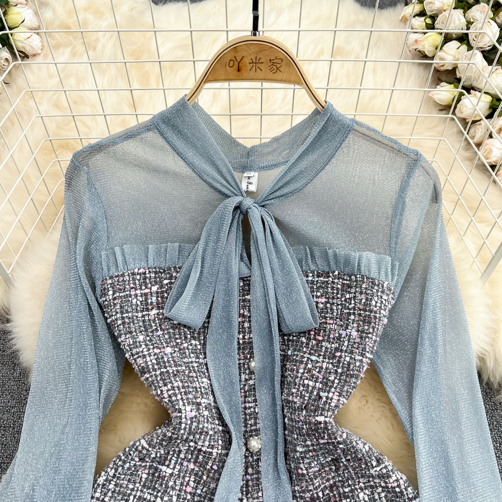 Lanjia- Casual Dresses Elegant Lady Small Fragrance Temperament Ribbon Bow Collar Soft Ruffle Patchwork Tweed Plaid Woolen Buttons Autumn Mini Dress 2