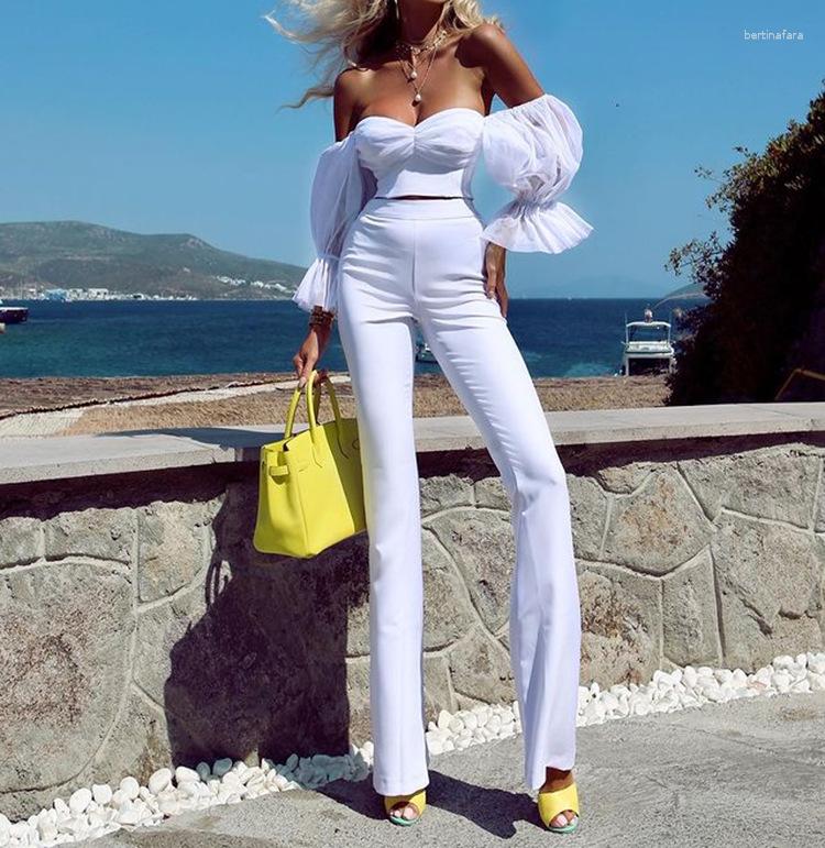 Women' Two Piece Pants RMSFE 2023 Ladies Long Sleeved Strapless Fashion Sexy Temperament Mesh Splicing Two-Piece Set, White 
Women' Two Piece Pants RMSFE 2023 Ladies Long Sleeved Strapless Fashion Sexy Temperament Mesh Splicing Two-Piece Set, White