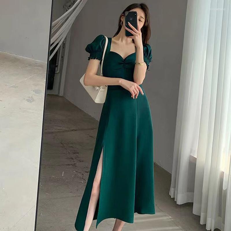 Casual Dresses Summer Fashion Square Collar Puff Sleeve Women Mid Calf French Split Fork Harajuku Elegant Evening Party Clothing Green, Black