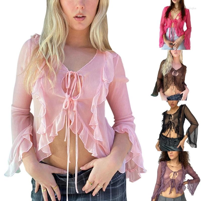 Women' Blouses Women-Bell Long Sleeves T-shirt Lace Up Crop Top Solid Color Lettuce-Trim Blouse P8DB, Brown
Women' Blouses Women-Bell Long Sleeves T-shirt Lace Up Crop Top Solid Color Lettuce-Trim Blouse P8DB, Brown