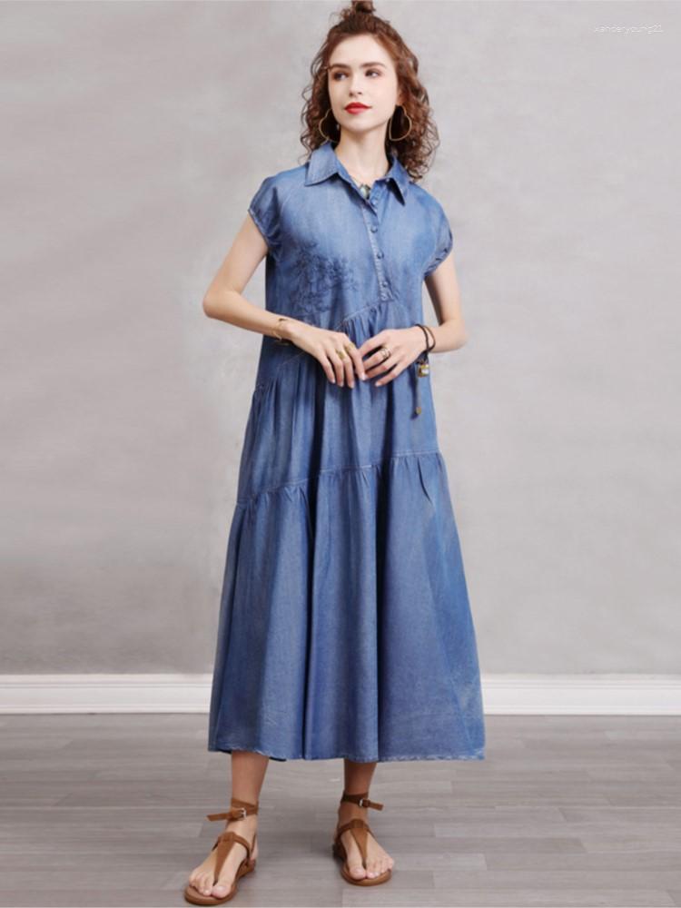 Party Dresses Johnature Women Denim Dress Turn-down Collar Short Sleeve Embroidery Button Clothing 2023 Summer Loose Vintage
Party Dresses Johnature Women Denim Dress Turn-down Collar Short Sleeve Embroidery Button Clothing 2023 Summer Loose Vintage