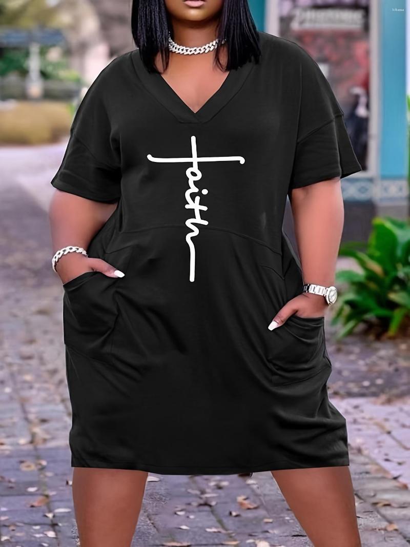 Plus Size Dresses Letter Print V Neck Short Sleeve Tee Dress With Pocket Women's Medium Stretch Casual, Black
Plus Size Dresses Letter Print V Neck Short Sleeve Tee Dress With Pocket Women's Medium Stretch Casual, Black