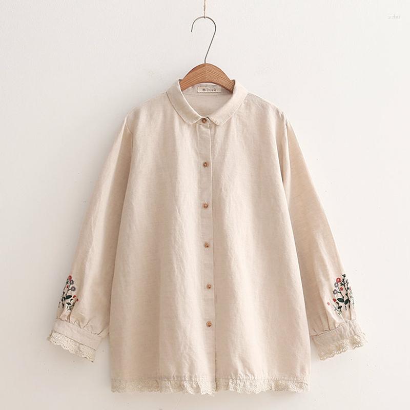 Women's Blouses Spring Autumn Lace Cotton Long Sleeved Shirt Women Beige Color Embroidered Turn Down Collar Female Loose Blouse Tops U154 
Women's Blouses Spring Autumn Lace Cotton Long Sleeved Shirt Women Beige Color Embroidered Turn Down Collar Female Loose Blouse Tops U154