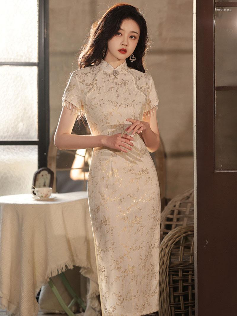 Ethnic Clothing Women Summer Lace Gold Cheongsam Dress French Style Wedding Evening Vintage Female Tassels Sleeve Qipao S To XXL
Ethnic Clothing Women Summer Lace Gold Cheongsam Dress French Style Wedding Evening Vintage Female Tassels Sleeve Qipao S To XXL