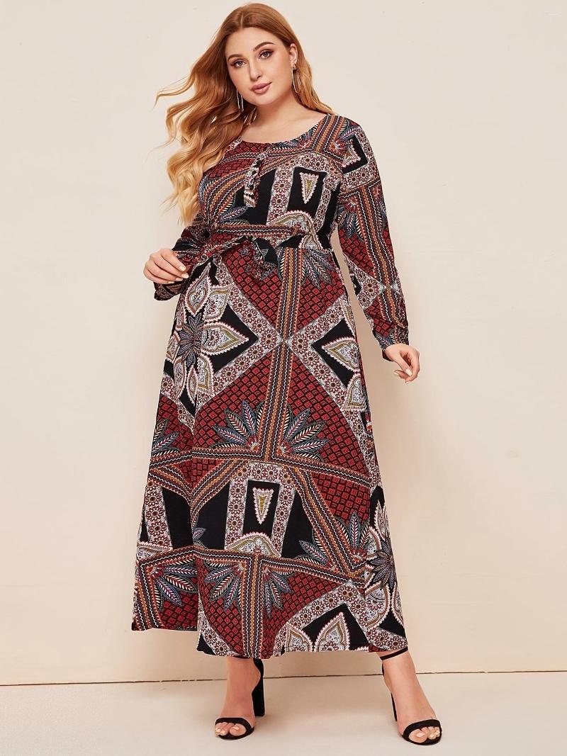 Plus Size Dresses Ethnic Print Long Sleeve Maxi Dress With Belt Women's Retro Round Neck, Red
Plus Size Dresses Ethnic Print Long Sleeve Maxi Dress With Belt Women's Retro Round Neck, Red