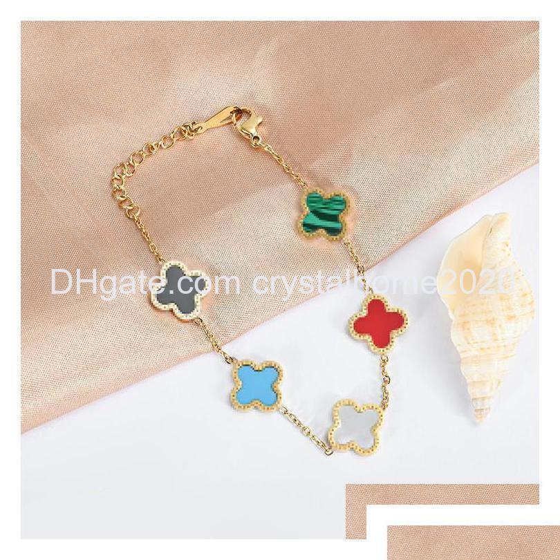 Charm Bracelets 5 Color Clover Bracelet Gold Plated Titanium Steel Jewelry For Women Gift Drop Delivery Otmcx De Dhwfg
Charm Bracelets 5 Color Clover Bracelet Gold Plated Titanium Steel Jewelry For Women Gift Drop Delivery Otmcx De Dhwfg