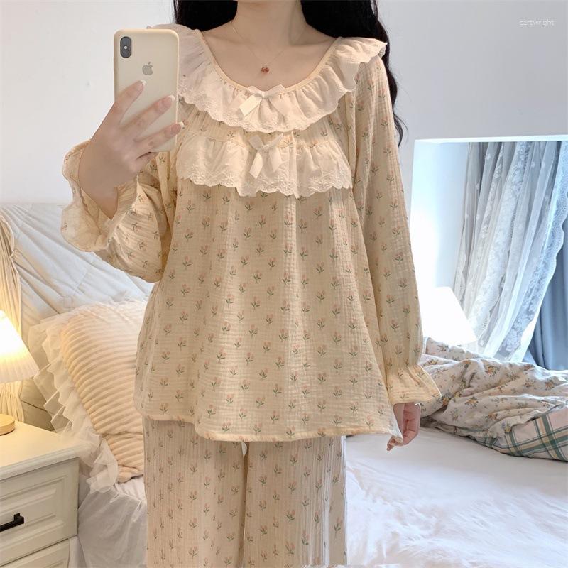 Women's Sleepwear Autumn INS Cotton Tulip Print Long Sleeve Pajama Set Lovely Lace Neckline Home Costume Girls' Pajamas Pjamas For Women
Women's Sleepwear Autumn INS Cotton Tulip Print Long Sleeve Pajama Set Lovely Lace Neckline Home Costume Girls' Pajamas Pjamas For Women