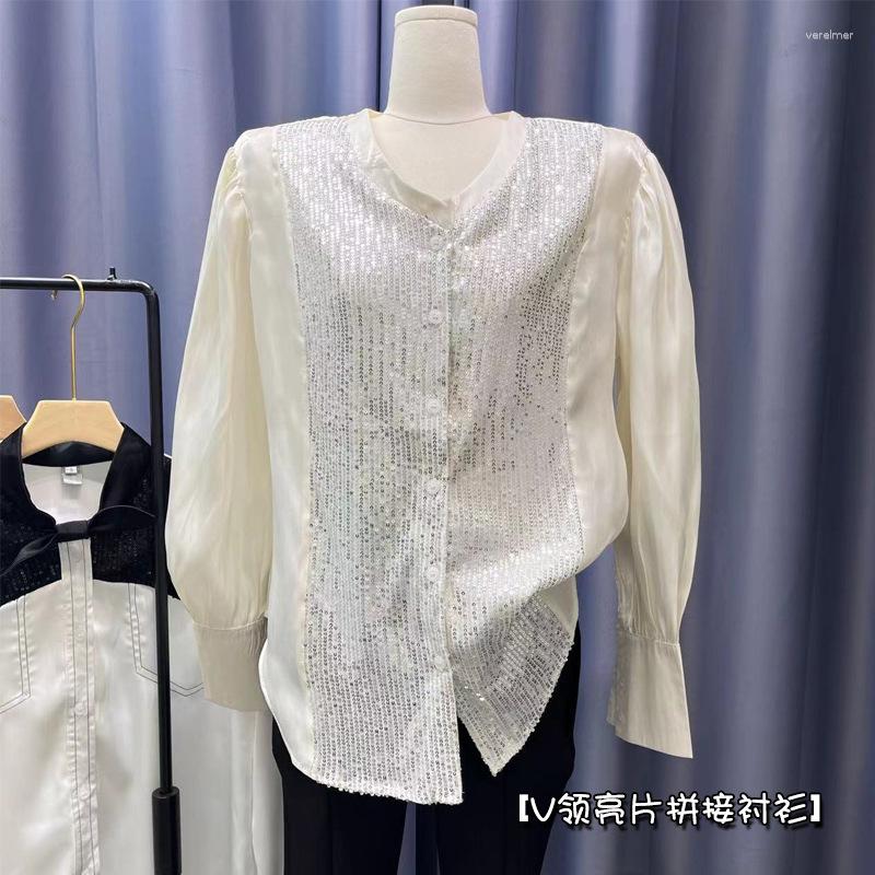 Women' Blouses Spring/Summer 2023 Blingbling Heavy Craft Sequin Patch Shirt Loose Top, Champagne white 
Women' Blouses Spring/Summer 2023 Blingbling Heavy Craft Sequin Patch Shirt Loose Top, Champagne white