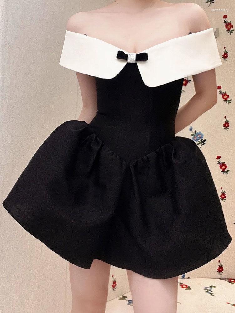 Casual Dresses Shoulder Bow Tie Waist Contrast Color Dress For Women's Summer 2023 Diamonds Bouffant