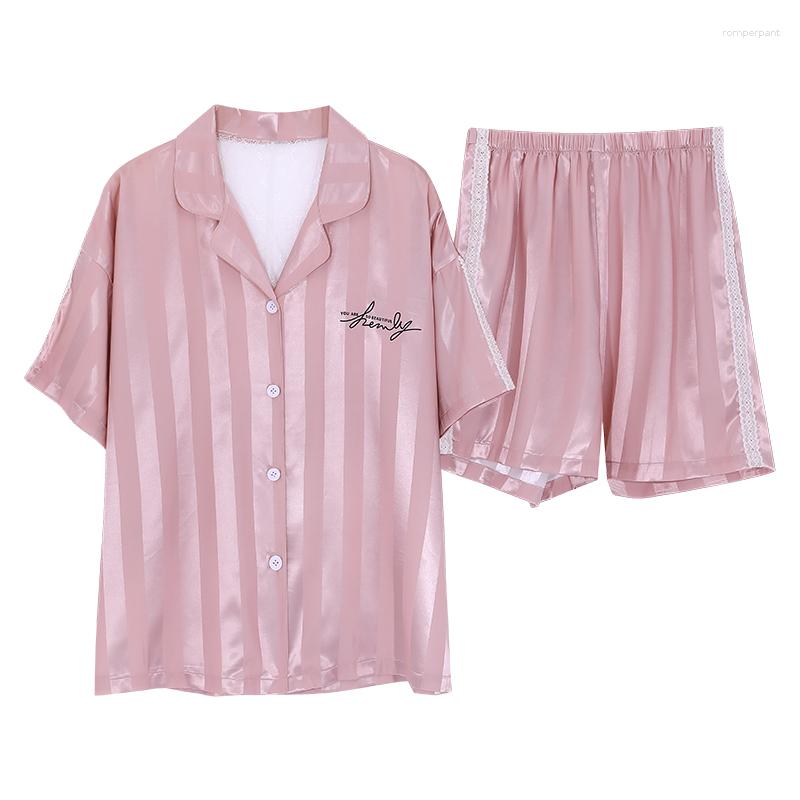 Women's Sleepwear Summer Women Silk Lace Satin Pajamas Set Short Sleeve Turn-down Collar Sweet Casual Soft Female Homewear, 77102 
Women's Sleepwear Summer Women Silk Lace Satin Pajamas Set Short Sleeve Turn-down Collar Sweet Casual Soft Female Homewear, 77102