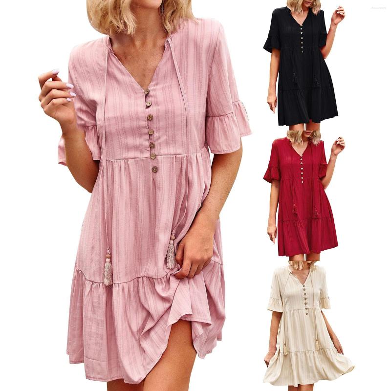 Casual Dresses Women' Solid Color V Neck Dress Decorated Button Temperament Flowing Loose A Hemline, Pink
Casual Dresses Women' Solid Color V Neck Dress Decorated Button Temperament Flowing Loose A Hemline, Pink