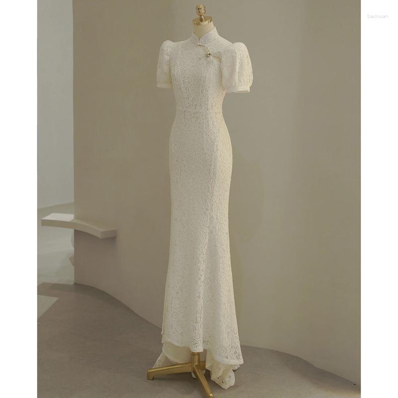 Ethnic Clothing Women Chinese Style White Lace Wedding Dresses Elegant Mandarin Collar Long Fishtail Party Prom Gowns
Ethnic Clothing Women Chinese Style White Lace Wedding Dresses Elegant Mandarin Collar Long Fishtail Party Prom Gowns